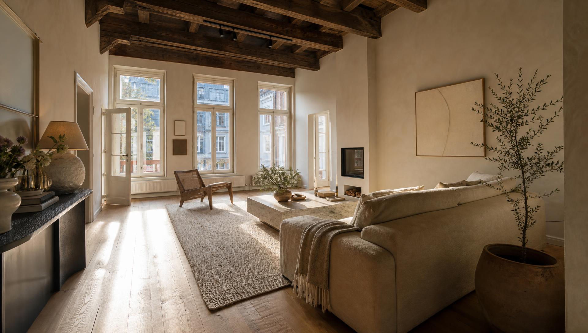 Warme woonkamer renovatie met houten balken en natuurlijk licht